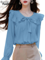 Fashions 2025 ZANZEA Peter Pan Collar Long Sleeve Blouses Korean Style Women Elegant Solid Smock Tops Sweet Long Sleeve Tie Up Blusas Mujer. 
