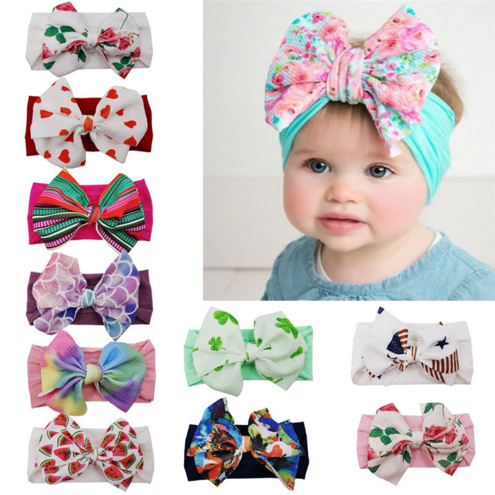Baby Girls Fashion Hair Bands Bowknots Flower Prints Baby Headband Strong Hair Tie For Girls Toddlers 0-2 Opaska Dla Dziewczynki