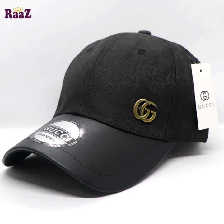Black GG Metal Logo Leather Imported Curved Visor Cap