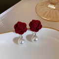 Wine Red Pearl Rose Flower Earrings Retro Wedding Ear Studs Chinese New Year Jewelry Earring Podazz. 