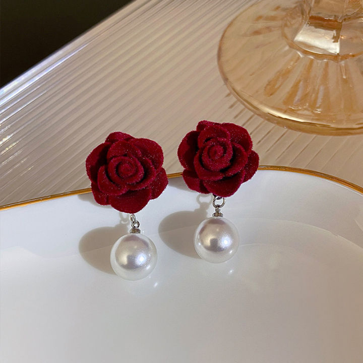 Wine%20Red%20Pearl%20Rose%20Flower%20Earrings%20Retro%20Wedding%20Ear%20Studs%20Chinese%20New%20Year%20Jewelry%20Earring%20Podazz%20-%20Image%203