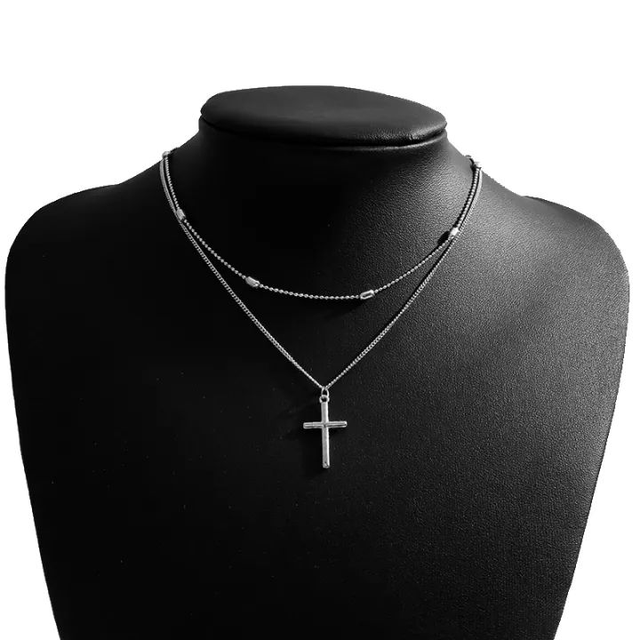 Women's%20jewelry%20necklace%20women's%20gold%20and%20silver%20retro%20cross%20pendant%20color%20multi-layer%20oval%20bead%20chain%20necklace%20simple%20-%20Image%203