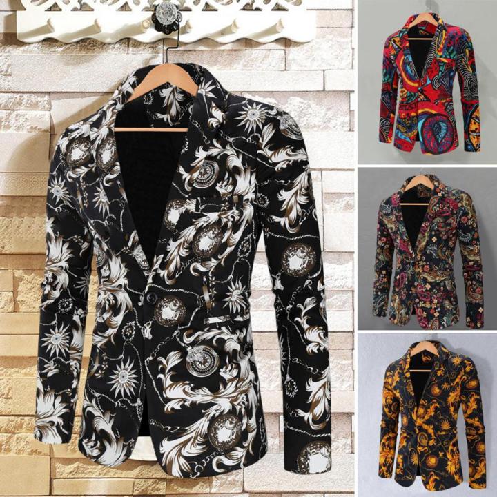 Casual Men Blazer Fashion Print One Button Autumn Single Button Colorful Pattern Suit Coat
