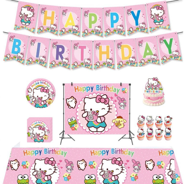 【No-Questions-Asked Refund】 Cute Sanrio Hello Kitty Birthday Party Decoration Supply Cake Topper Insert Set Balloons Disposable Tableware Kids Gifts Party