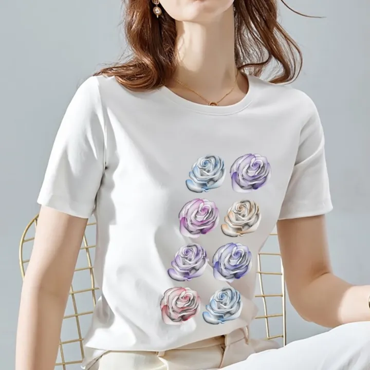 Street%20Fashion%20Women's%20T-shirt%20White%20Classic%20Daisy%203D%20Pattern%20Printing%20T-shirt%20Top%20O-neck%20Ladies%20Youth%20Commuter%20All-match%20Top%20-%20Image%204