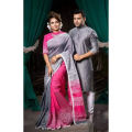 New Exclusive Design Couple Half Silk Ash Color Block Print Saree and Panjabi Fashionable, Stylish and Comfortable For Women.