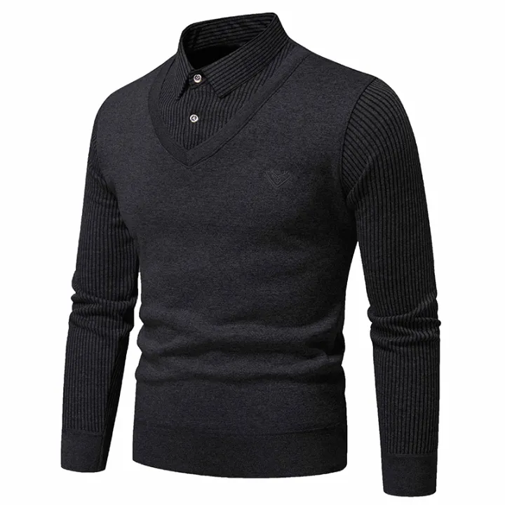 Autumn%20and%20Winter%20New%20Men's%20Two%20Piece%20Sweater%20with%20Fleece%20and%20Slim%20Fit%20Polo%20Collar%20Knitted%20Bottom%20Shirt%20Thickened%20and%20Warm%20-%20Image%202