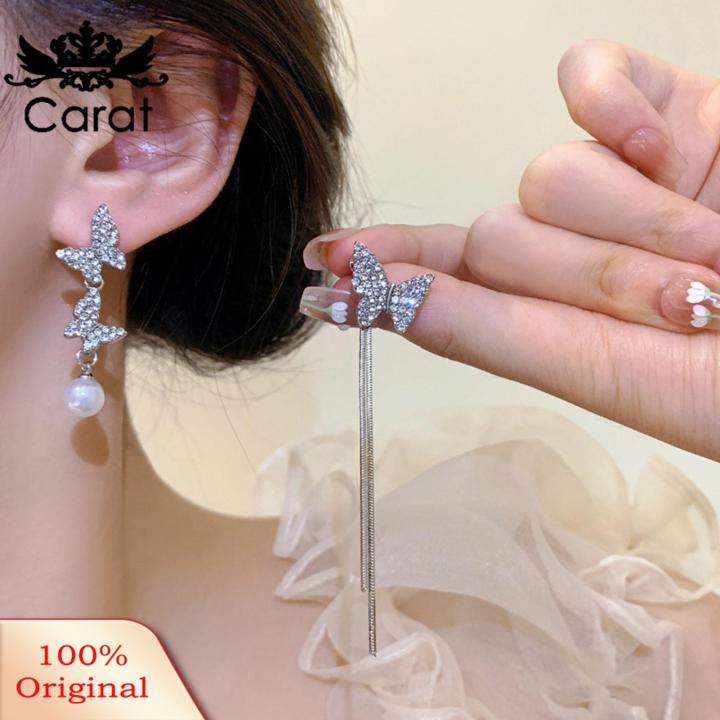 Carat Stunning Butterfly Rhinestone Pearl Earrings for Women Elegant Tassel Dangle Jewelry Perfect for Prom Parties Hypoallergenic Lightweight Design