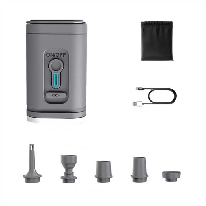 Mini Rechargeable Air Pump with Dual Functionality for Inflatable Beds and Camping, Portable Lamp Included, Grey