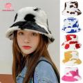 Autumn Winter Trendy Fluffy Cow Print Bucket Hats/ Foldable Plush Keep Warm Cow Pattern Women Fisherman Hat. 