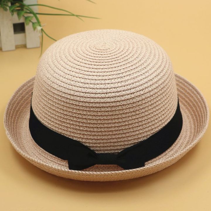Fresh Dome Bow Curved Brim Straw Hat Women's Korean-Style Beach Trip Cover Sun Protection Top Hat Spring Summer Hat
