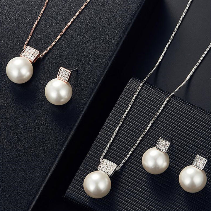 3Pcs Fashion Elegant Imitation Pearl Rhinestones Geometry Necklace Earrings For Women Bride Wedding Party Jewelry Set Gifts Mzea