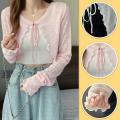 Thin Sunscreen Cardigan Lace-up Knitwear Tops Summer Women Korean Style Lantern Sleeve Short Coat Casual Sun Protected.