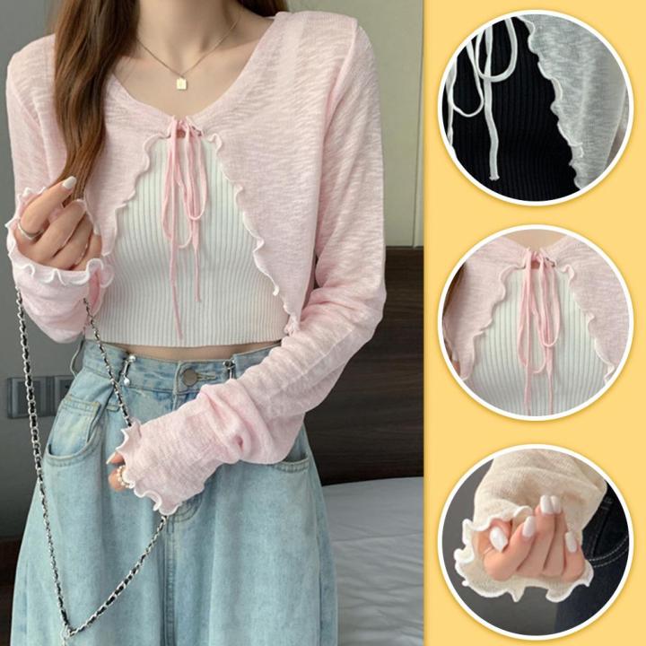 Thin%20Sunscreen%20Cardigan%20Lace-up%20Knitwear%20Tops%20Summer%20Women%20Korean%20Style%20Lantern%20Sleeve%20Short%20Coat%20Casual%20Sun%20Protected%20-%20Image%202