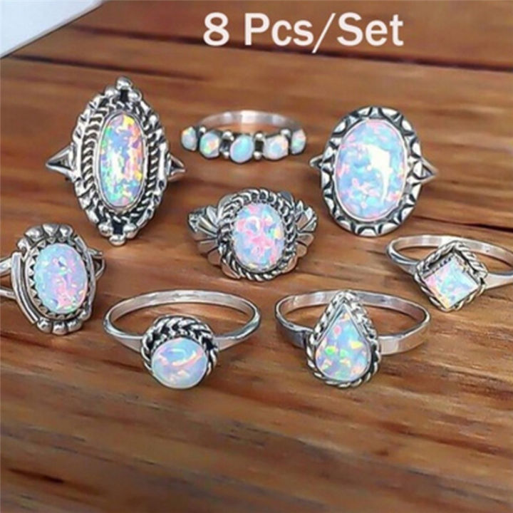 8PCS/Set Ring Silver White Fire Opal Ring Wedding Engagement Ring WomenJewelry
