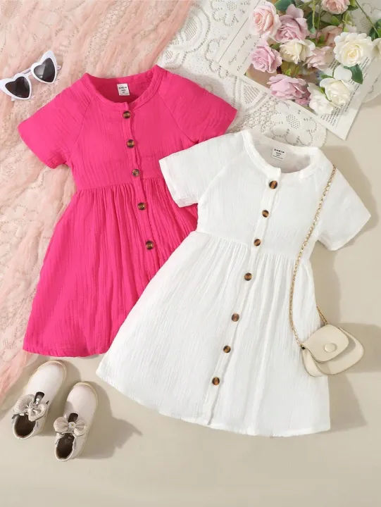 Kid%E2%80%99s%20Young%20Girl%20Comfortable%20Casual%20Solid%20Color%20Round%20Neck%20Short%20Sleeve%20Pleated%20Shirt%20Dress,%20Suitable%20for%20Children%E2%80%99s%20Elegant%20Dress%20-%20Image%208