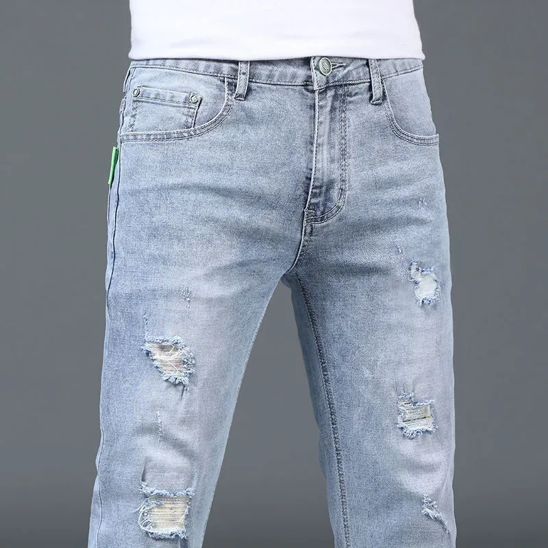 Light Color Hole Jeans Men's Slim Fit Skinny Pants Men's Stretch