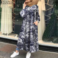ZANZEA Muslimah Wanita Muslim Lengan Panjang Butang Retro Floral Bercetak Abaya Kaftan Baggy Pakaian(#2). 