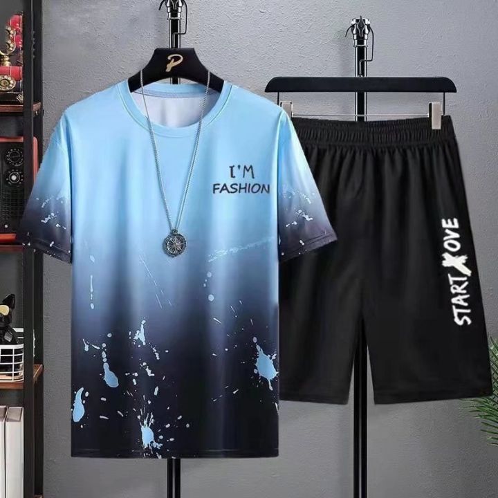 Mens Casual Sports Suit Summer New Ice Silk Tracksuits Short Sleeves TShirt and Shorts Set Men Sweat Suits Short Sets Clothing