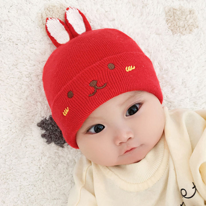 Cute Cartoon Baby Beanie Cap Solid Color Rabbit Ears Knitted Hat for Infant Boy Girl Autumn Winter Warm Toddler Kids Bonnet