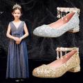 Children's Princess Shoes Girls High Heel Leather Shoes Girls Piano Performance Crystal Shoes Students Host Wedding Shoes Middle and Big Children.