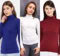 Pack of 3 Women's Fashionable Full Sleeve High Neck Sweater( blue-white-maroon). 