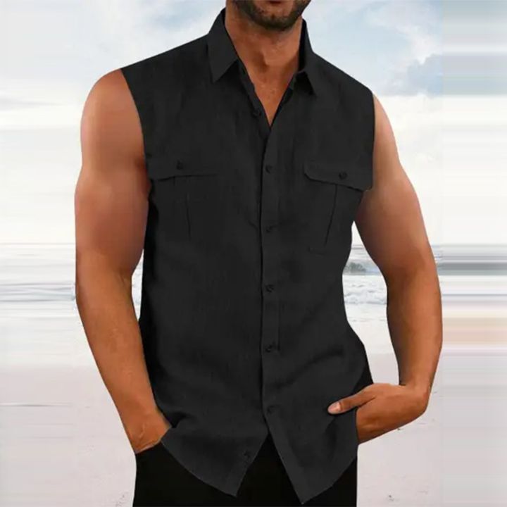 Leisure%20Men's%20Cotton%20Linen%20Tank%20Tops%202023%20Spring%20Summer%20Casual%20Solid%20Color%20Buttoned%20Lapel%20Sleeveless%20Vest%20Shirt%20Fashion%20Camisole%20-%20Image%202