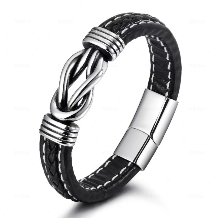 2024 High Quality Infinity Knot Leather Wristband Bracelet Pulsera Stainless Steel Magnetic Clasp Braided Leather Bracelet For Men