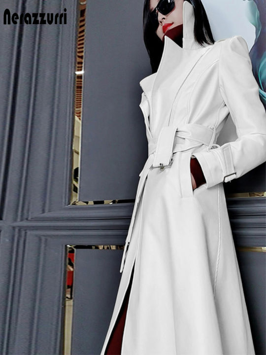 Nerazzurri Spring Runway White Long Leather Trench Coat for