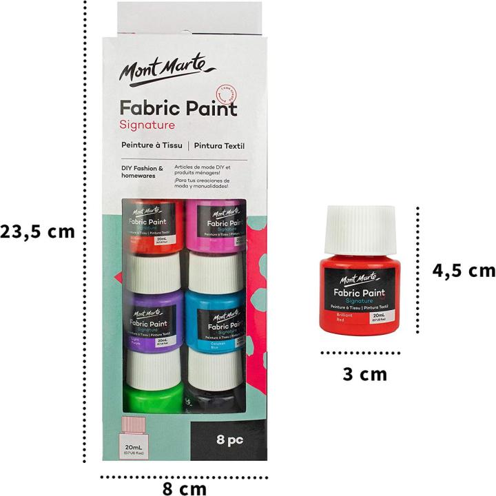 Mont Marte Fabric Paint Set 8 Pcs 20 ml Suitable for Clothes Fabric Shoes Tote Bags Cushions and DIY Fashion Homewares