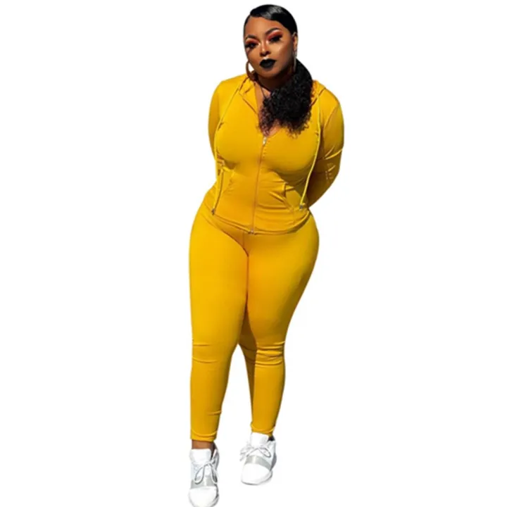 Plus%20Size%20Women's%20Clothing%20Solid%20Color%20Hooded%20Women%20Tracksuits%20Long%20Sleeve%20Zipper%20Matching%20Sets%20Elastic%20Pant%20Set%20Fitness%20Suits%20-%20Image%205