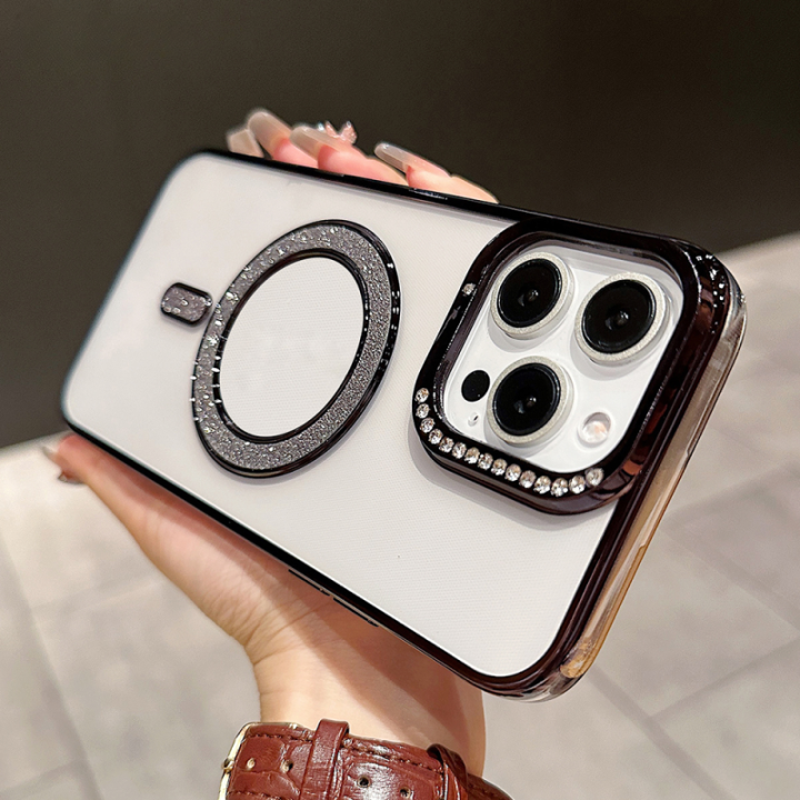 HOCE Luxury Glitter Magnetic Phone Cases For iPhone 16 15 14 13 12 11 Pro Max MagSafe Case Diamond Camera Protector Plating Shockproof Bumper Soft Clear Back Cover