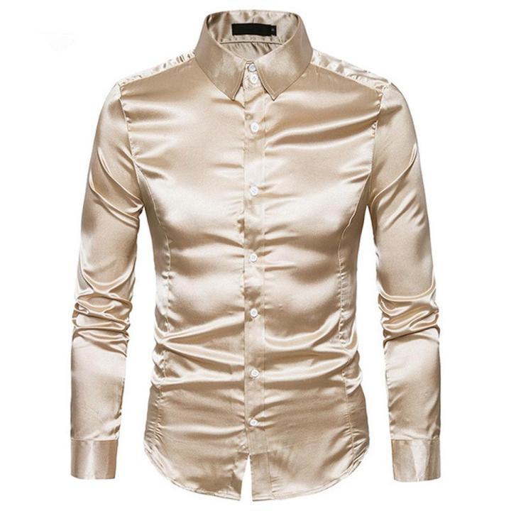 metallic gold mens dress shirt Silk Button Down Satin Shirts For Men Men's Gold Button Down Dress Shirts MDW40