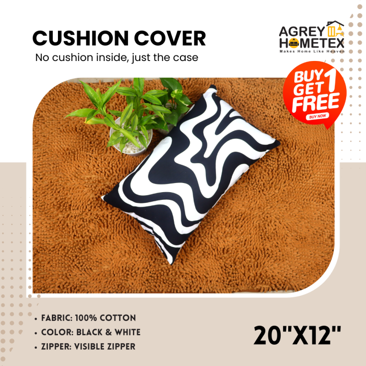 Cotton Cushion Cover, Black & White (20"x12") Only Cover