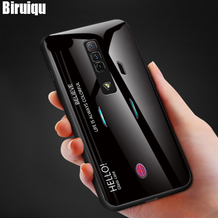 Biruiqu For Red Magic 7 / Redmagic 7s Shockproof Gradient Tempered Glass Back Soft Silicone Edge Case Cover