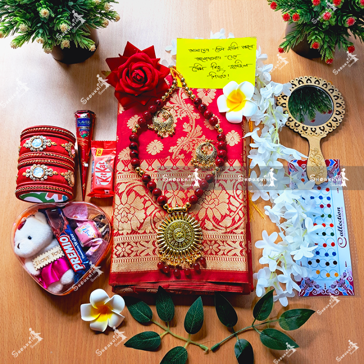 Tangail Katan Saree Combo Gift Set- Sari Churi Necklace Earrings Mirror Chotolate Mehedi Tip Golap Love Chocolate Box etc