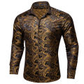 Luxury Men Dress Shirt Formal Prom Tuxedo Long Sleeve Silk Polyester Golden Color Paisley Black Shirts Blouse Men Clothing.