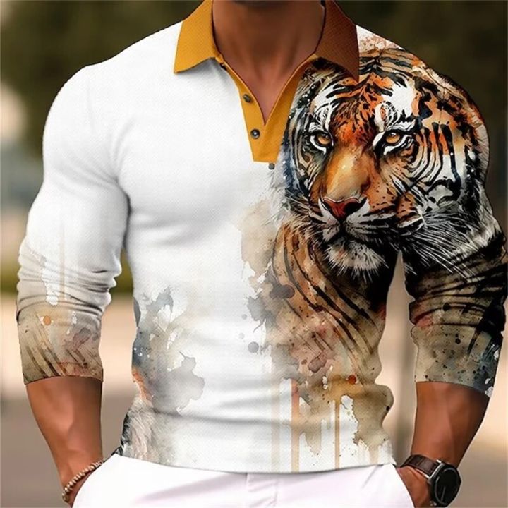 Tiger Eagle 3D Printed Long Sleeve Polo T-shirt For Mens Designer