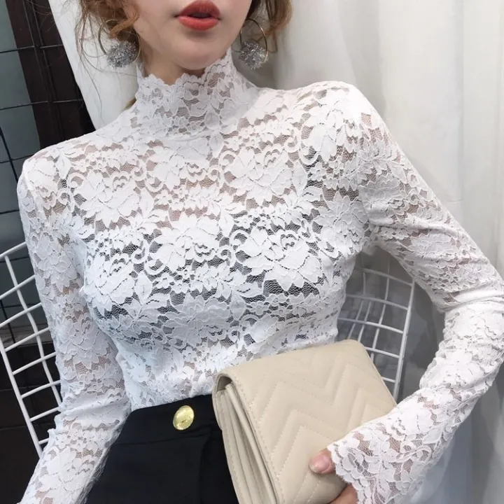 Spring%20and%20Summer%20Lace%20Long%20Sleeve%20Bottoming%20Shirt%20Women's%20Half%20High%20Collar%20Hollow%20Mesh%20Top%20-%20Image%204