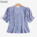 ZANZEA Korean Style Women Holiday Floral Printed Shirt Romantic Puff Sleeve Crop Blouse Tops. 
