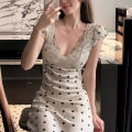 Temperament celebrity lace V-neck hollow polka dot dress women's 2024 new spring and summer waist slim long skirt. 