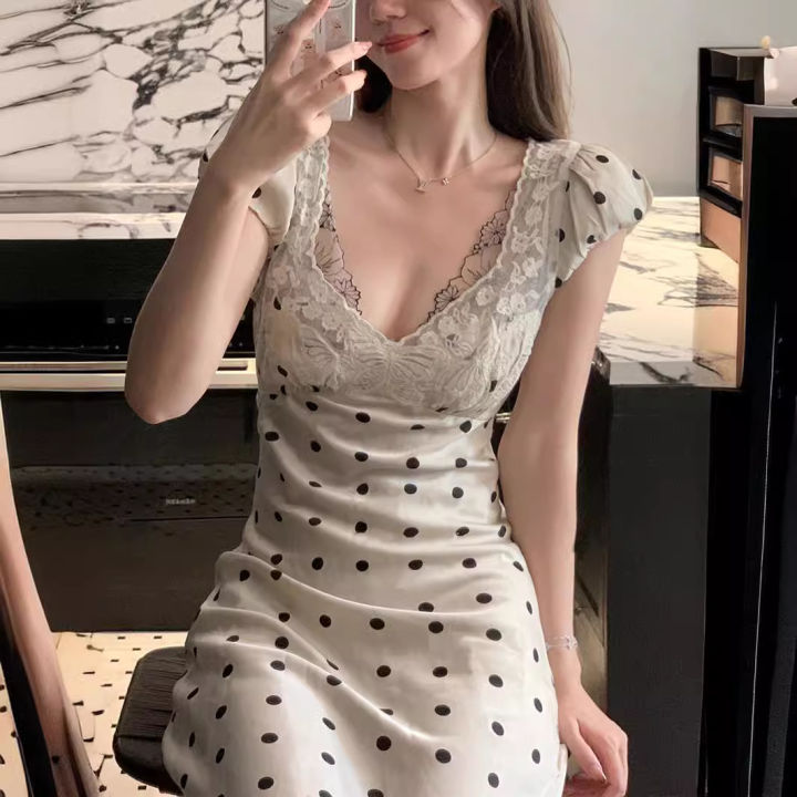 Temperament celebrity lace V-neck hollow polka dot dress women's 2024 new spring and summer waist slim long skirt