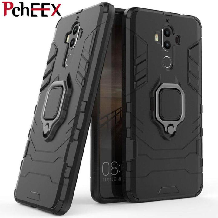 For Huawei Mate 9 Phone Case, Silicone TPU and Hard PC Luxury Armor Shockproof Metal Ring Holder Cover Casing