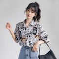 90 Short Sleeve Japanese Style Anime Print Shirt Women Couple Loose-Fitting Versatile Outerwear Women's Shirt Thin Blouse. 