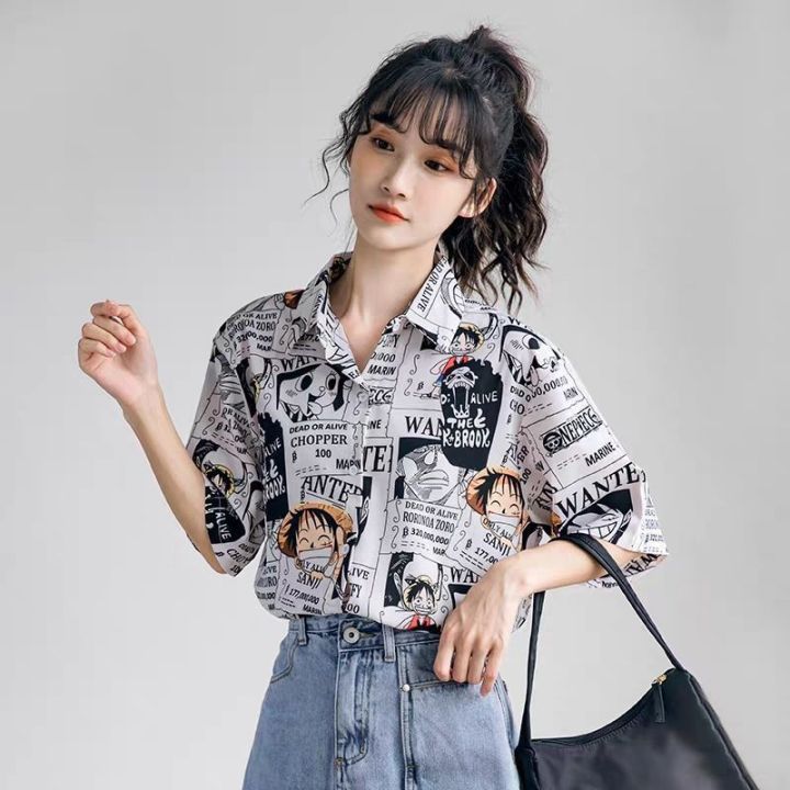 90%20Short%20Sleeve%20Japanese%20Style%20Anime%20Print%20Shirt%20Women%20Couple%20Loose-Fitting%20Versatile%20Outerwear%20Women's%20Shirt%20Thin%20Blouse%20-%20Image%202