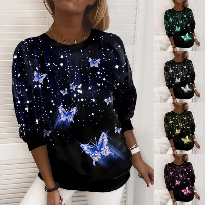 Long%20Sleeve%20Fashion%20Top%20Round%20Neck%20Oversized%20T-shirt%20Autumn%20Winter%20Women's%20Simple%20Style%20Pullover%20Sweater%20Butterfly%20Print%20Tee%20-%20Image%203