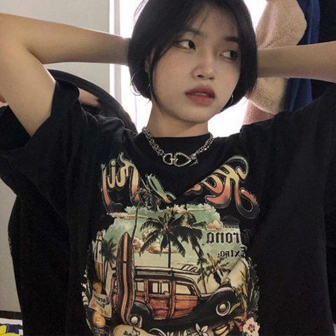 MAIKAO American Retro Fun Monogram Print Short Sleeve T-Shirt Women's Couple's Trendy Loose Casual Street Top