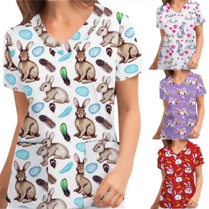 Women%20Easter%20Bunny%20Print%20Nursing%20Uniform%20Scrub%20Short%20Sleeve%20T-Shirt%20Tops%20For%202023%20Easter%20Home%20Party%20Accessories%20-%20Image%203