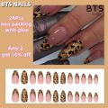 BTS【WITH GLUE】24Pcs Gold Leopard Print Removable Fake Nails DIY Art Design False Nails Wearable Nails Stylish Pattern Artificial Nails.