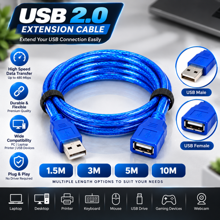 Usb 5 M 1.5m,3m,5m,10miter USB Extension Extender Cable | Daraz.com.bd